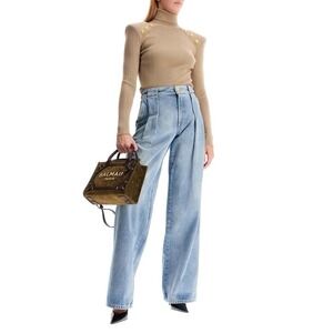 Balmain Women's 38 (28x34) High-Rise Pleated Wide-Leg Denim Jeans Pants Blue